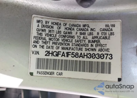 2010 Honda Civic Lx z USA, uszkodzony, nr VIN 2HGFA1F58AH303073